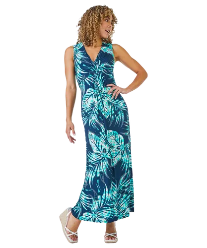 Roman Petite Womens Palm Print Twist Front Maxi Dress - Blue