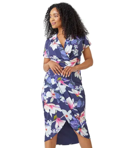 Roman Petite Womens Ruched Floral Wrap Dress - Navy