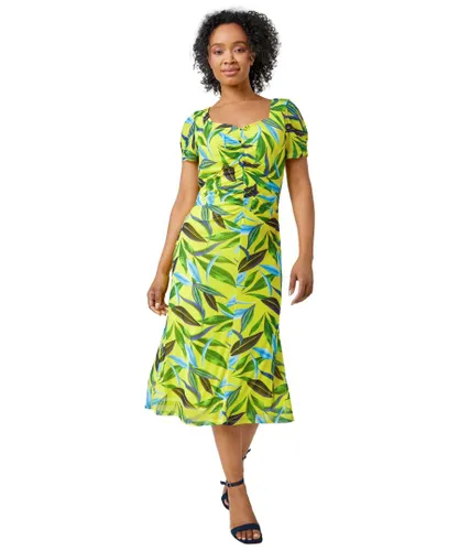 Roman Petite Womens Ruched Tropical Print Midi Dress - Lime Green