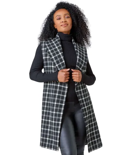 Roman Petite Womens Sleeveless Belted Check Coat - Black