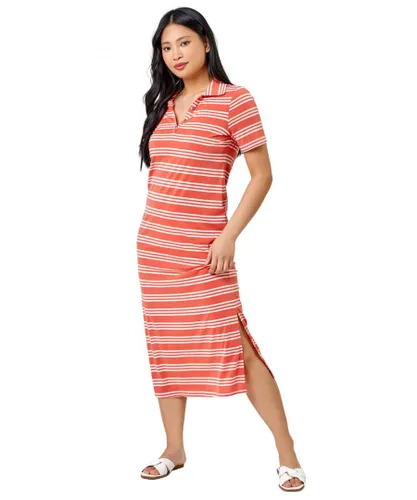 Roman Petite Womens Stripe Print Polo Shirt Dress - Coral