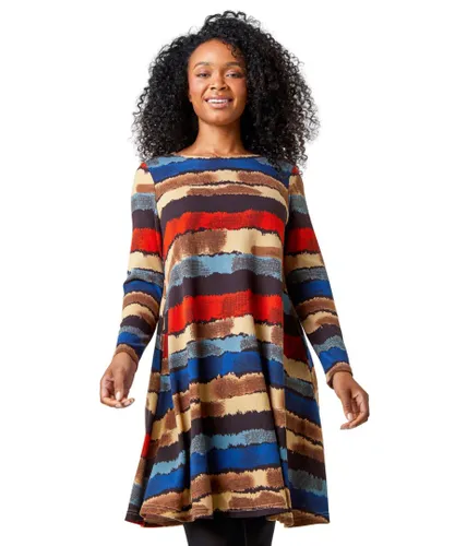 Roman Petite Womens Stripe Print Swing Stretch Dress - Blue