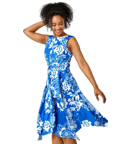 Roman Petite Womens Tie Waist Floral Stretch Dress - Blue