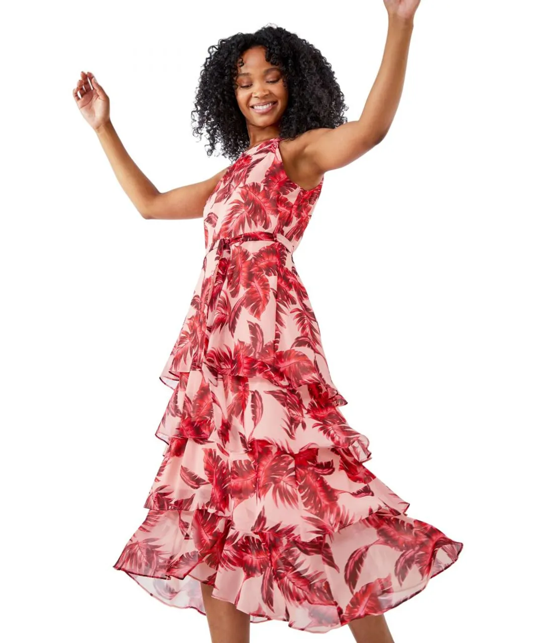 Roman Petite Womens Tiered Tropical Print Midi Dress - Pink