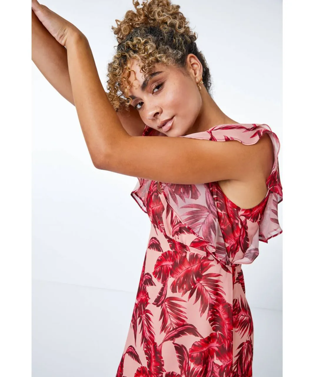 Roman Petite Womens Tropical Print Frill Sleeve Midi Dress - Pink