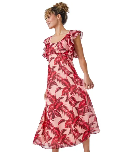 Roman Petite Womens Tropical Print Frill Sleeve Midi Dress - Pink