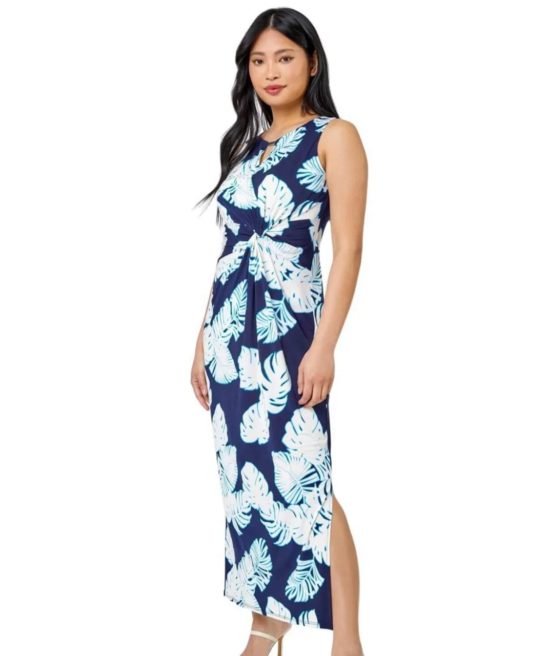 Roman Petite Womens Tropical Print Ruched Maxi Dress - Navy