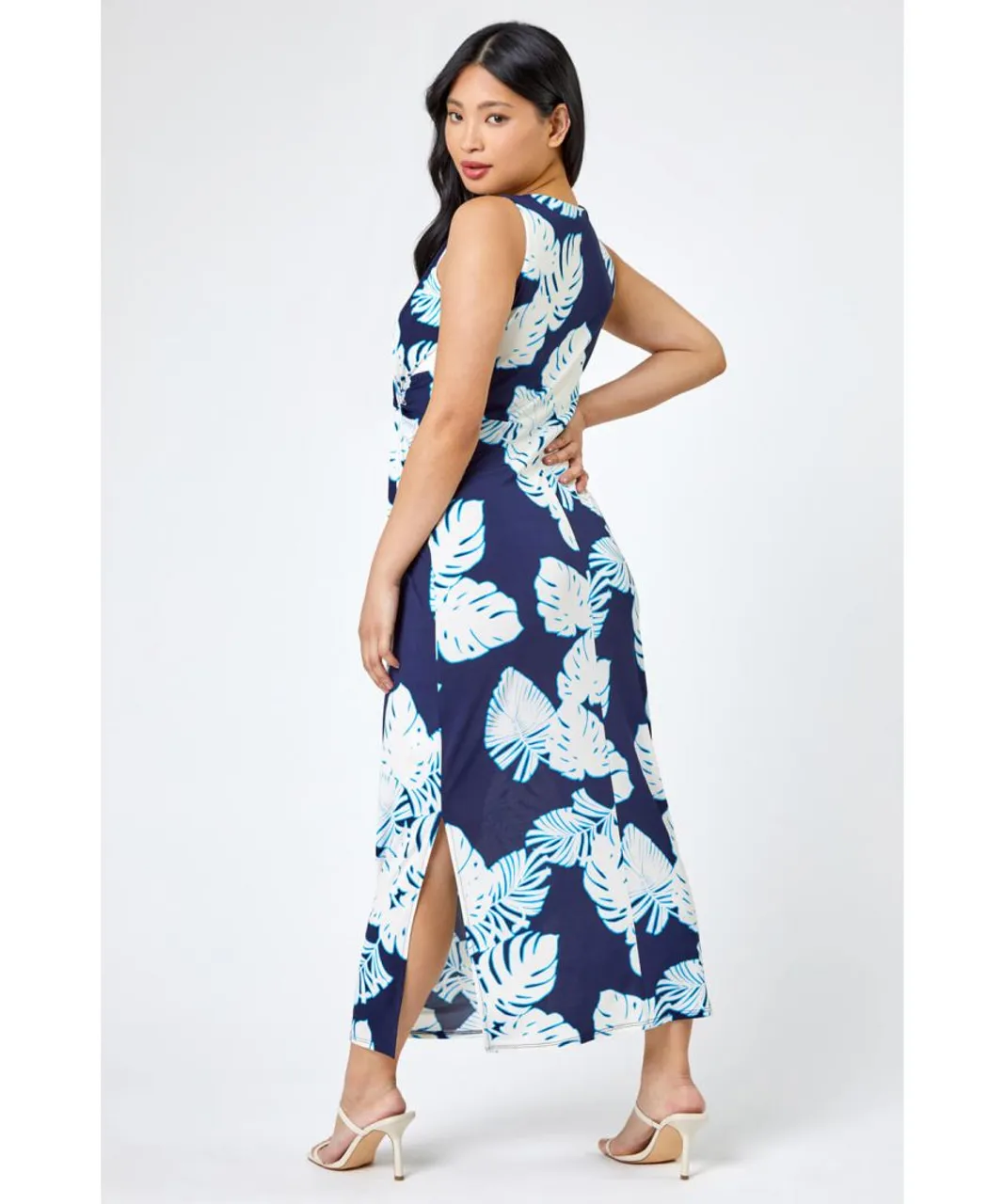 Roman Petite Womens Tropical Print Ruched Maxi Dress - Navy