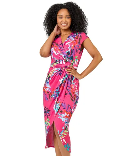 Roman Petite Womens Tropical Print Ruched Wrap Dress - Pink