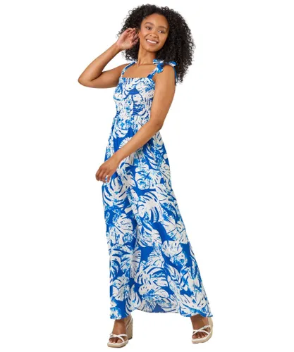 Roman Petite Womens Tropical Print Shirred Maxi Dress - Blue
