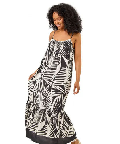 Roman Petite Womens Tropical Print Tiered Maxi Dress - Black