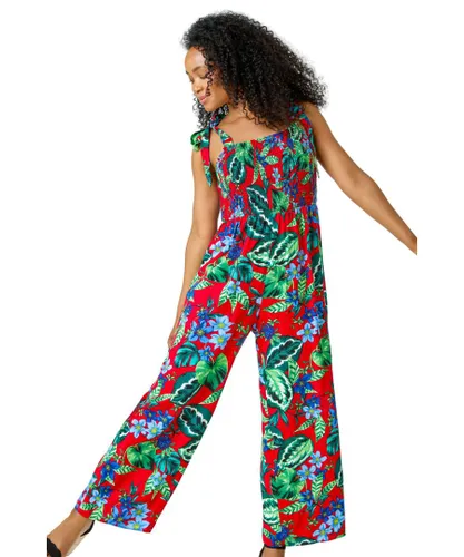 Roman Petite Womens Tropical Shirred Stretch Jumpsuit - Red