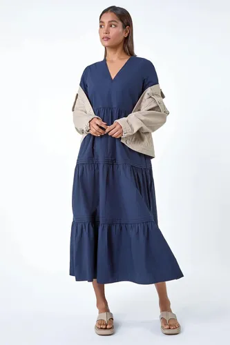 Roman Plain Cotton Tiered Maxi Dress in Navy - Size 10 10 female