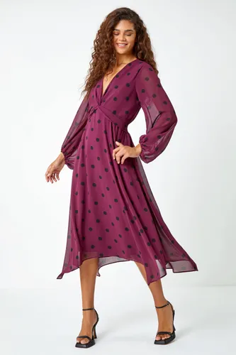 Roman Polka Dot Twist Front Midi Dress in Wine - Size 10 10 female