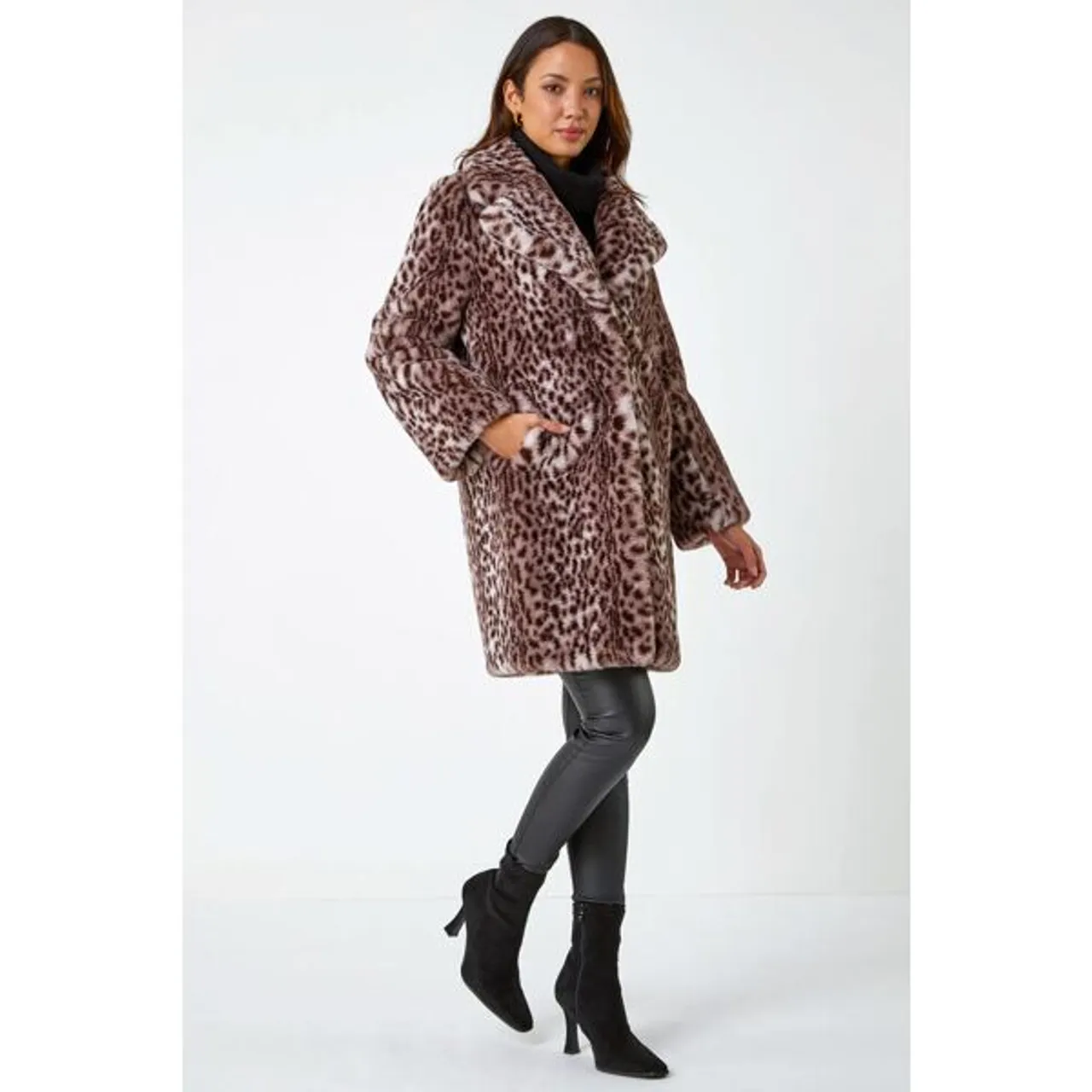 Roman Premium Animal Print Faux Fur Coat in Taupe 12 female