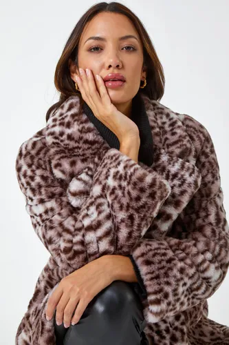 Roman Premium Animal Print Faux Fur Coat in Taupe 12 female