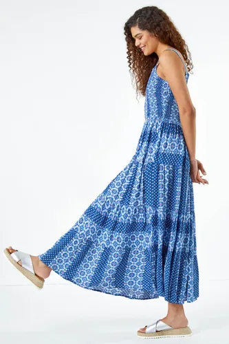 Roman Printed Shirred Bodice Maxi Dress in Blue - Size 16 16 female