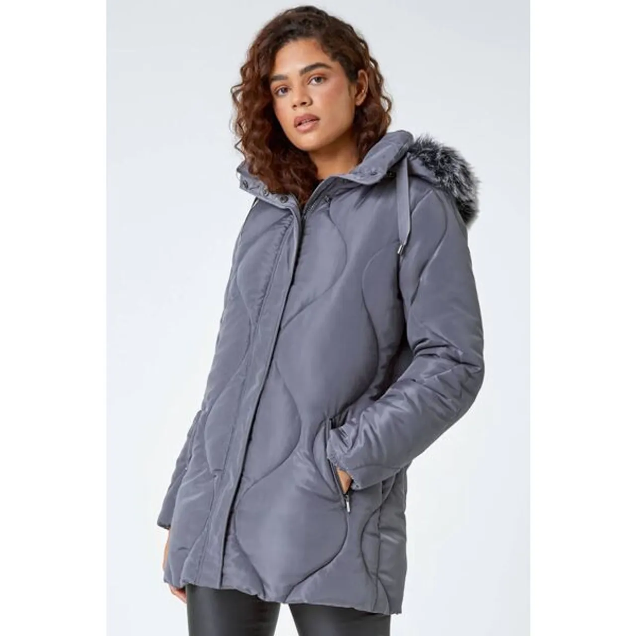 Roman Quilted Faux Fur Hooded Coat in Grey 10 female