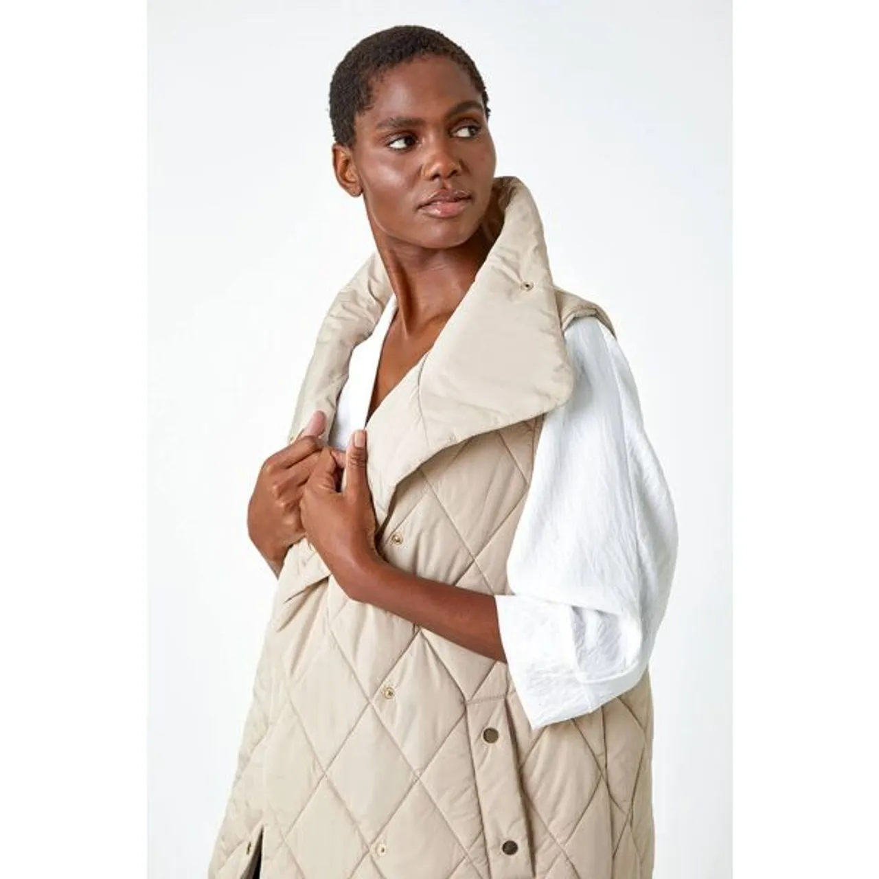 Roman Quilted High Neck Longline Gilet in Natural 10 female