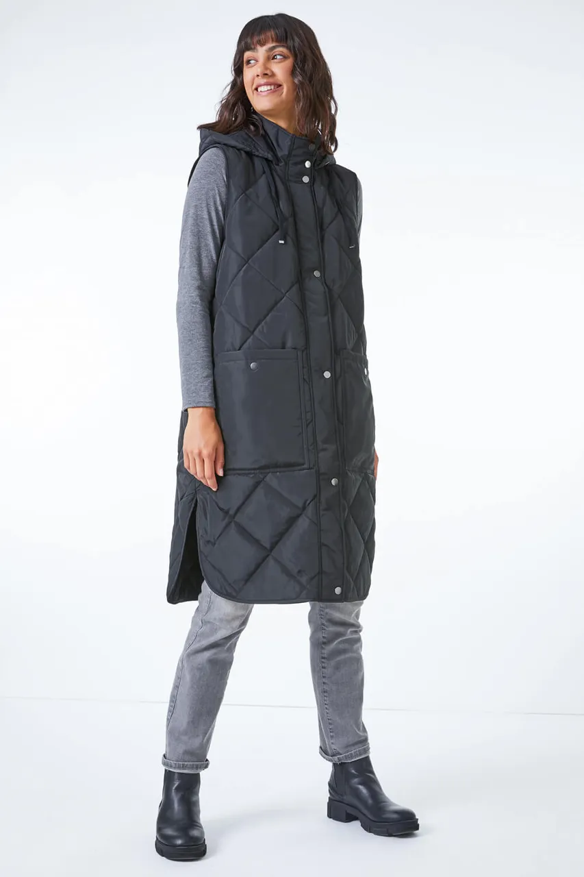 Roman Quilted Longline Hooded Gilet in Black 10 female