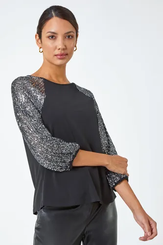 Roman Sequin Sleeve Stretch Jersey Top in Silver 20 female