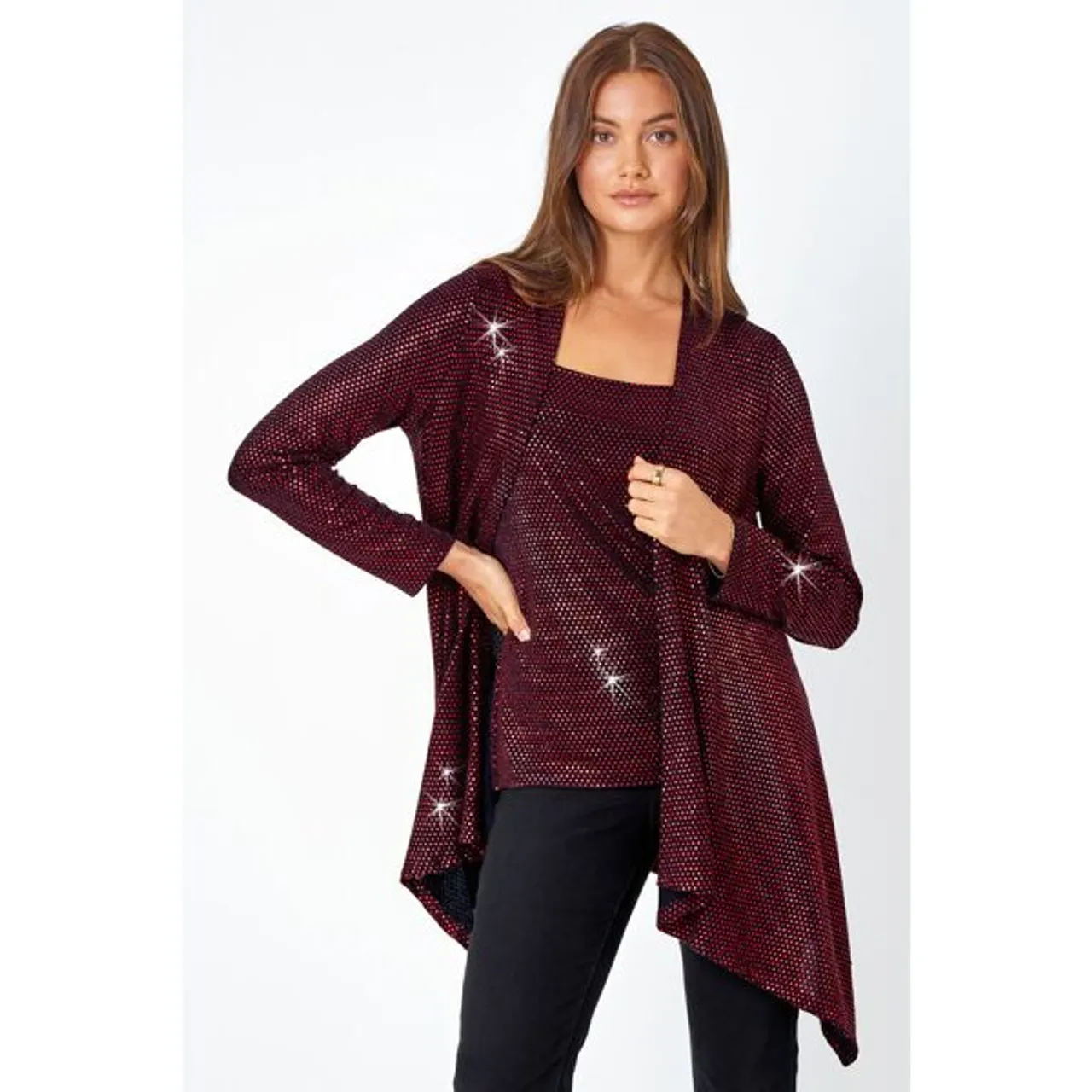 Roman Sequin Sparkle Waterfall Stretch Jacket in Red 10 female