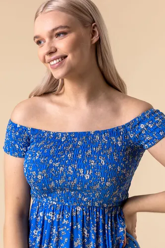 Roman Shirred Ditsy Floral Print Bardot Dress in Blue - Size 12 12 female