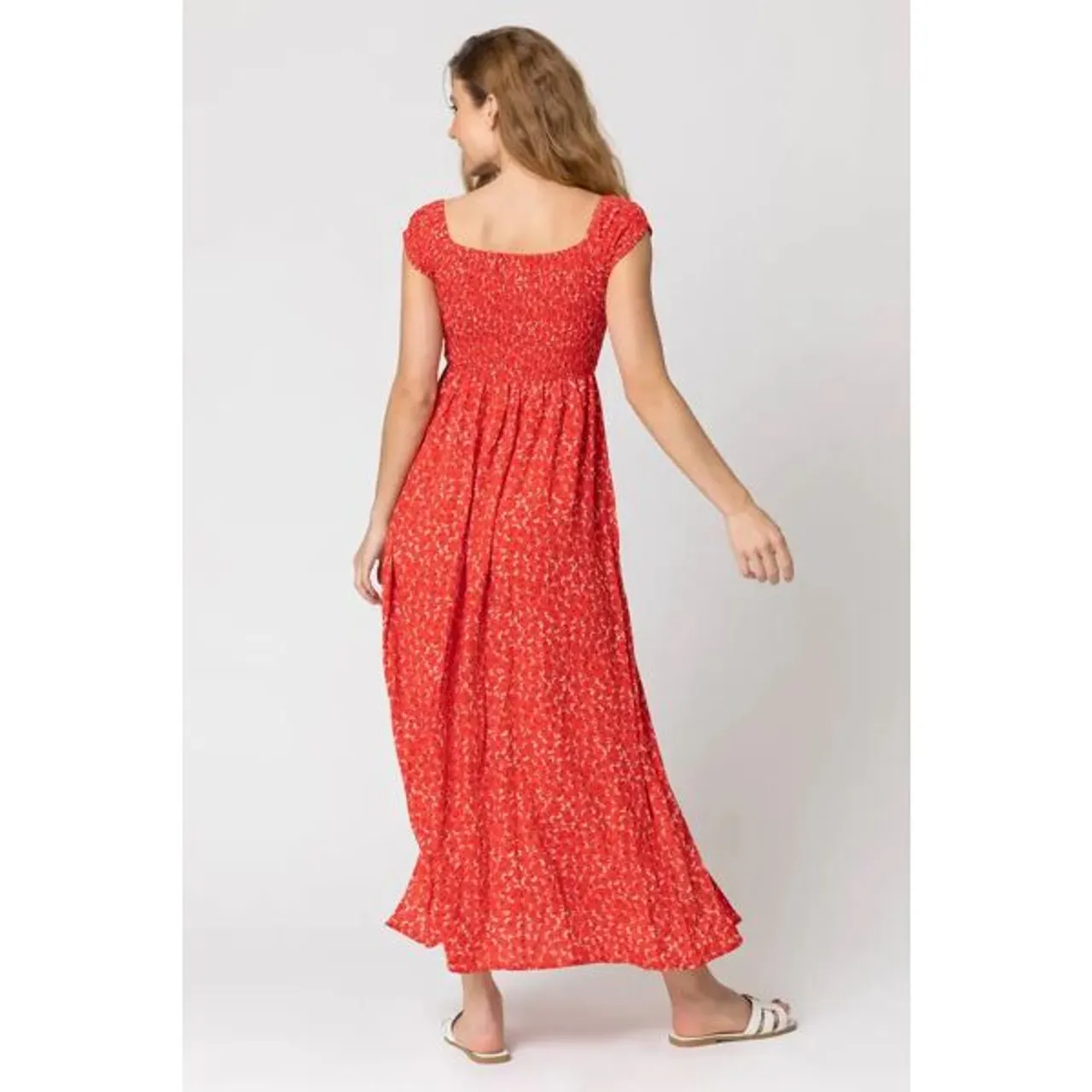 Roman Shirred Ditsy Floral Print Bardot Dress in Red - Size 10 10 female