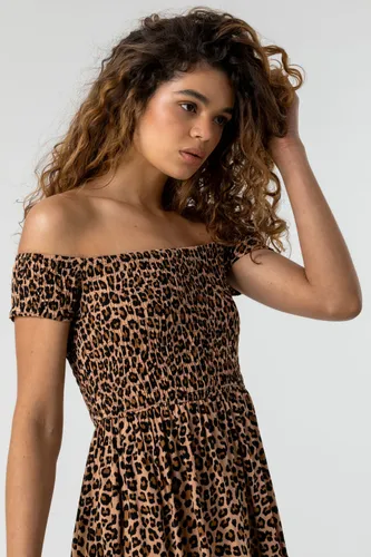 Roman Shirred Leopard Print Bardot Dress in Brown - Size 14 14 female