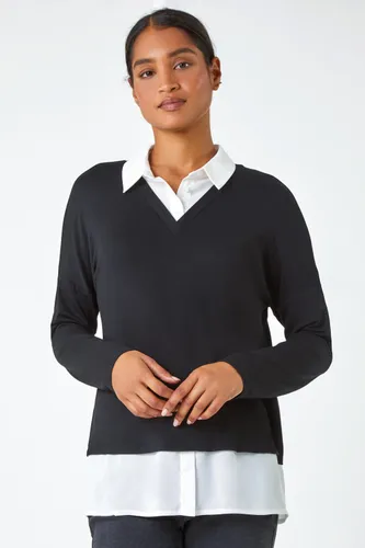 Roman Shirt Collar Stretch Top in Black 12 female