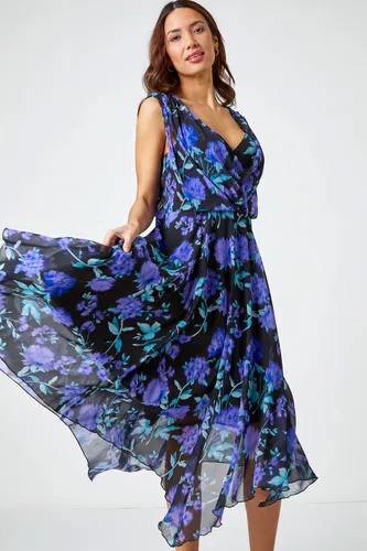 Roman Sleeveless Floral Chiffon Midi Dress in Black - Size 10 10 female