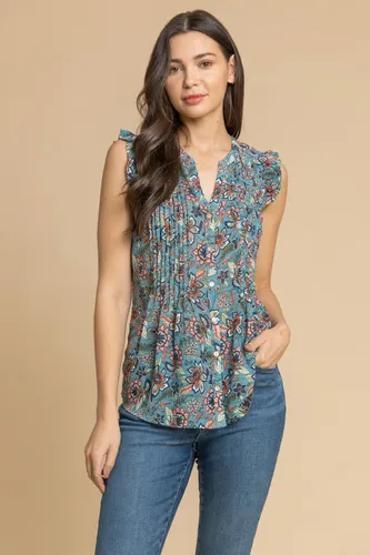 Roman Sleeveless Frill Detail Floral Blouse in Teal 12 female
