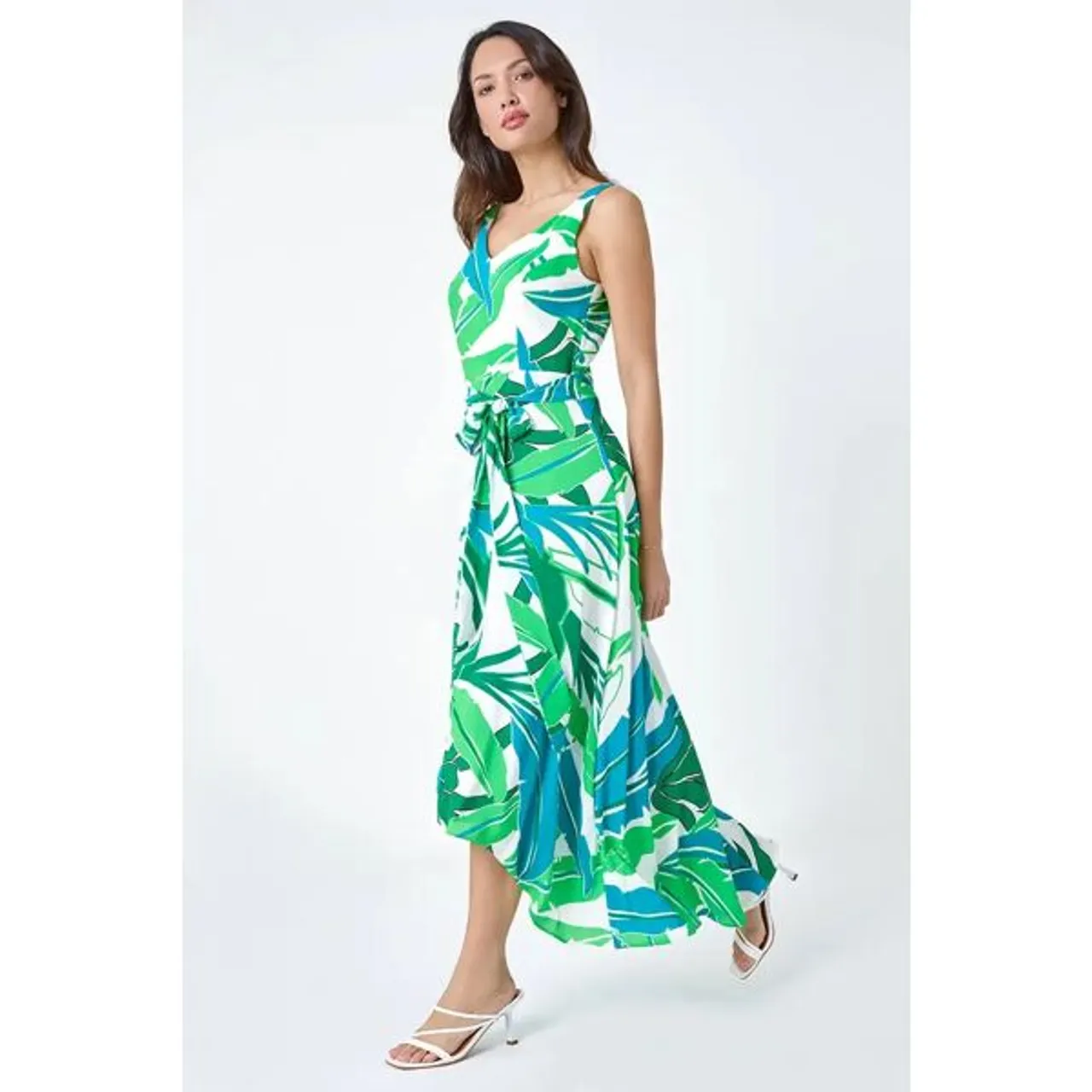 Roman Sleeveless Palm Print High Low Maxi Dress in Green - Size 14 14 female