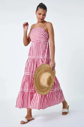 Roman Sleeveless Stripe Tiered Cotton Maxi Dress in Red - Size 14 14 female