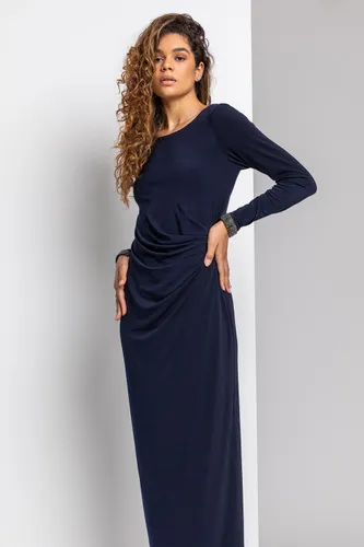Roman Sparkle Embellished Ruched Maxi Dress in Midnight Blue - Size 14 female