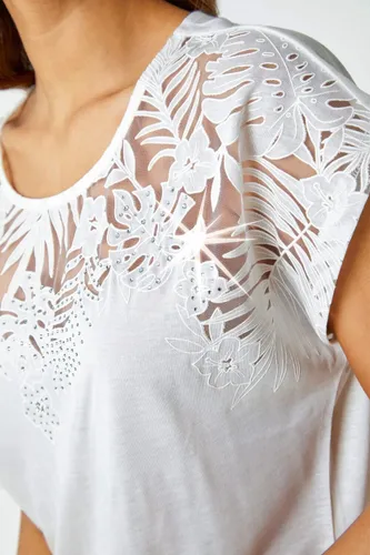 Roman Sparkle Palm Print Cut Out T-Shirt in Ivory 18 female