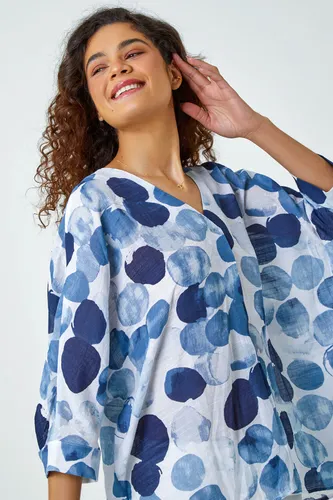 Roman Spot Print Relaxed Woven Top in Blue 14 female