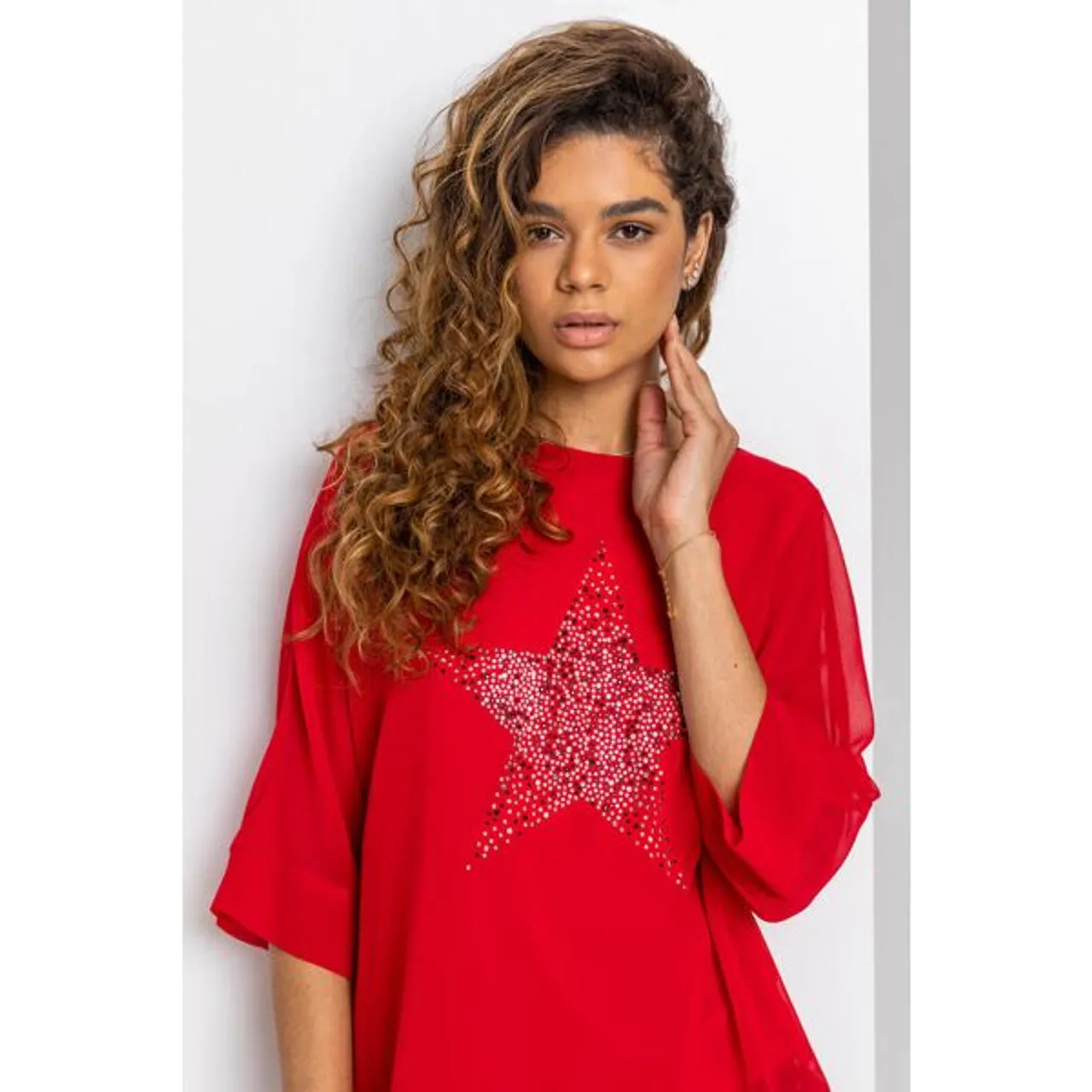 Roman Star Embellished Chiffon Top in Red 10 female