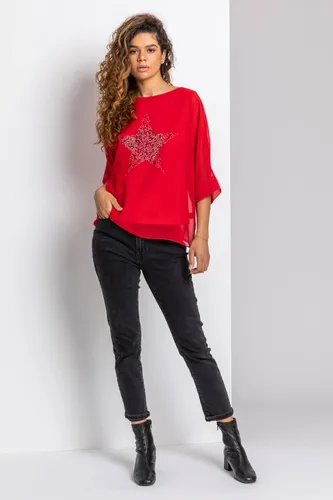 Roman Star Embellished Chiffon Top in Red 10 female