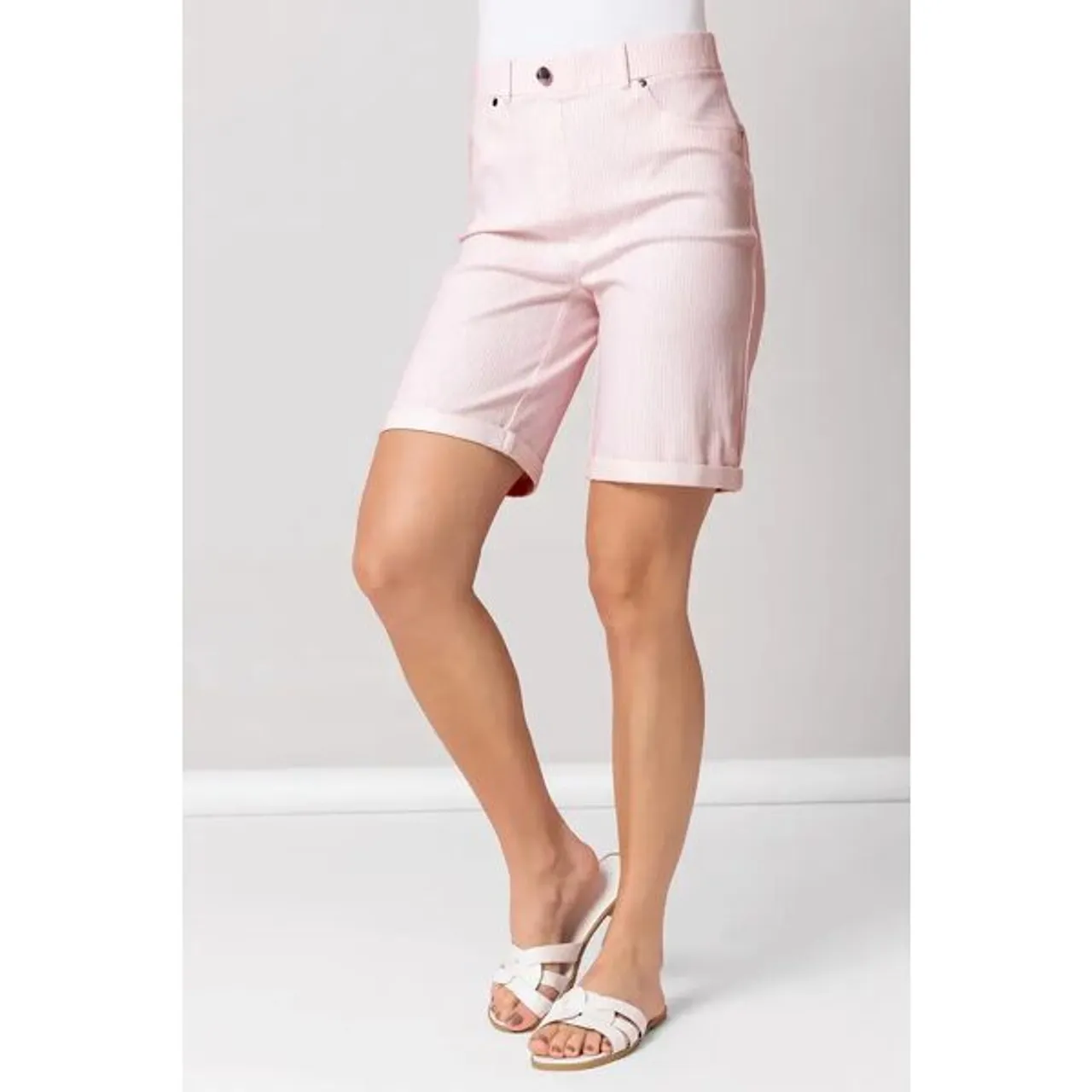 Roman Stripe Print Turn Up Stretch Shorts in Light Pink 16 female