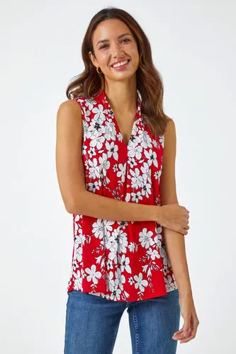Roman Textured Floral Print Sleeveless Top in Red 14 female