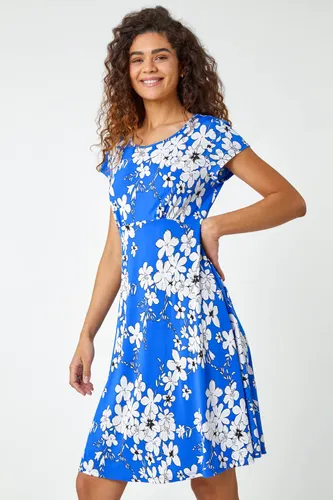 Roman Textured Floral Print Tea Dress in Royal Blue - Size 20 20 female