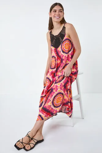 Roman Tie Dye Crochet Detail Pocket Midi Dress in Fuchsia - Size 10 10 female