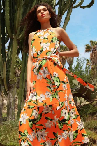 Roman Tropical Floral Halterneck Tiered Dress in Orange - Size 10 10 female