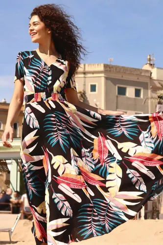 Roman Tropical Palm Shirred Waist Maxi Dress in Black 16 female