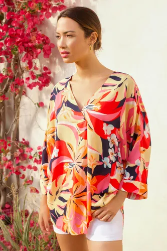 Roman Tropical Print Relaxed Kimono Top in Orange 14 female