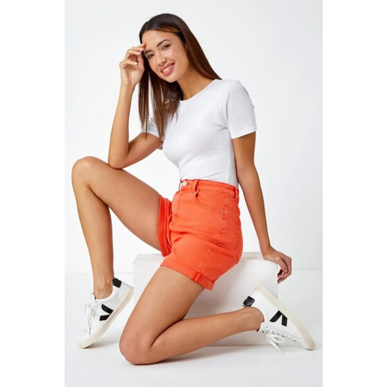 Roman Turn Up Cotton Stretch Shorts in Orange 18 female