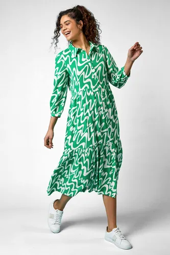 Roman Wave Print Tiered Shirt Dress in Green - Size 16 16 female