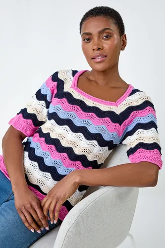 Roman Wave Stripe Cotton Knit Top in Pink 16 female