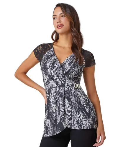 Roman Womens Abstract Lace Trim Stretch Wrap Top - Black